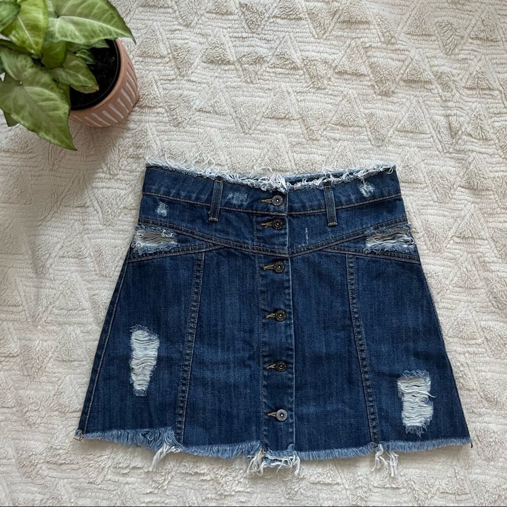 LF Carmar Distressed Denim Button Front Mini Skirt